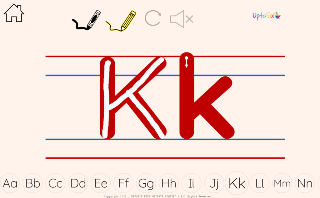 Four Lines Writing letter Kk - UptoSix Letter Formation App